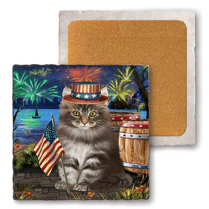 4th of July Independence Day Firework Maine Coon Cat Set of 4 Natural Stone Marble Tile Coasters MCST49054