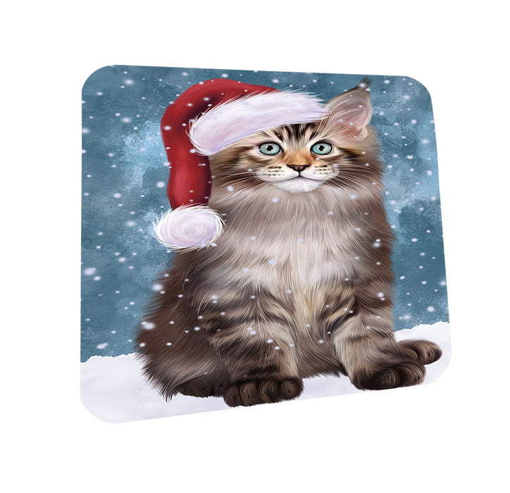 Let it Snow Christmas Holiday Maine Coon Cat Wearing Santa Hat Coasters Set of 4 CST54269