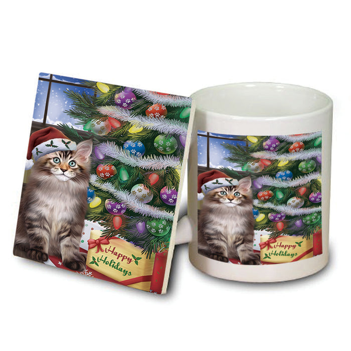 Christmas Happy Holidays Maine Coon Cat with Tree and Presents Mug and Coaster Set MUC53457