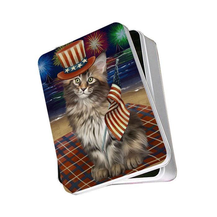 4th of July Independence Day Firework Maine Coon Cat Photo Storage Tin PITN52448