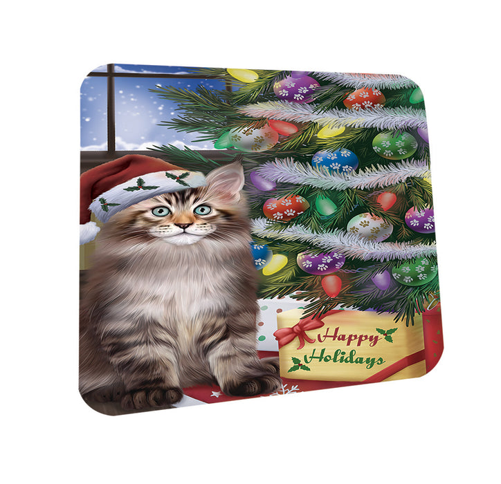 Christmas Happy Holidays Maine Coon Cat with Tree and Presents Coasters Set of 4 CST53423
