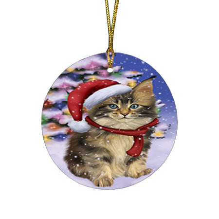 Winterland Wonderland Maine Coon Cat In Christmas Holiday Scenic Background Round Flat Christmas Ornament RFPOR53759