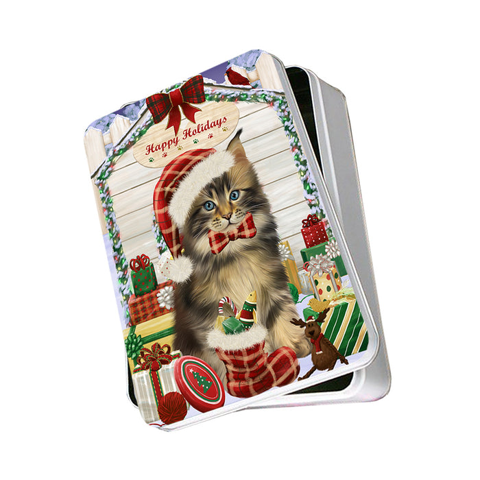 Happy Holidays Christmas Maine Coon Cat With Presents Photo Storage Tin PITN52676