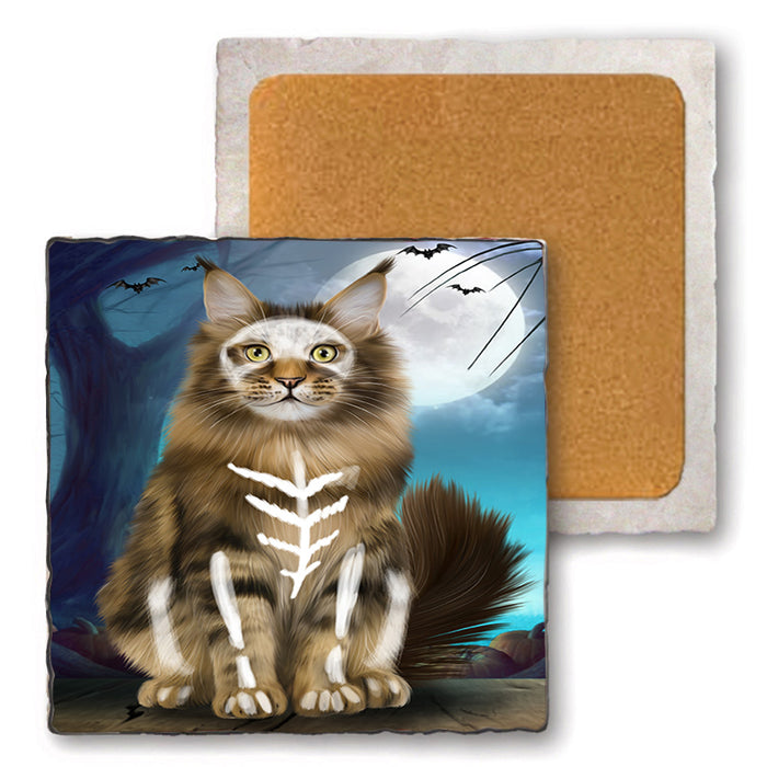 Happy Halloween Trick or Treat Maine Coon Cat Set of 4 Natural Stone Marble Tile Coasters MCST49506