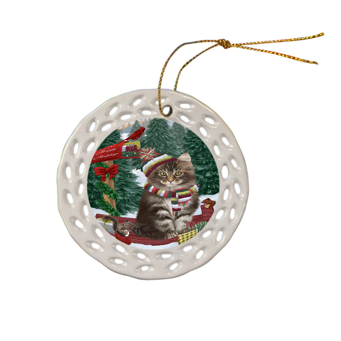 Merry Christmas Woodland Sled Maine Coon Cat Ceramic Doily Ornament DPOR55326