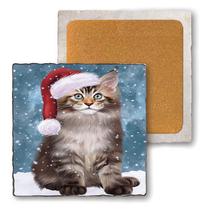 Let it Snow Christmas Holiday Maine Coon Cat Wearing Santa Hat Set of 4 Natural Stone Marble Tile Coasters MCST49311