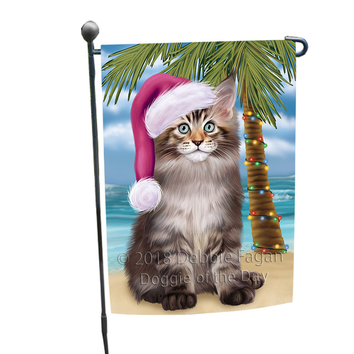 Summertime Happy Holidays Christmas Maine Coon Cat on Tropical Island Beach Garden Flag GFLG54632