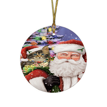 Santa Carrying Maine Coon Cat and Christmas Presents Round Flat Christmas Ornament RFPOR53687