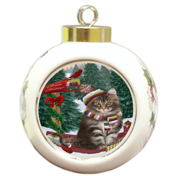 Merry Christmas Woodland Sled Maine Coon Cat Round Ball Christmas Ornament RBPOR55326