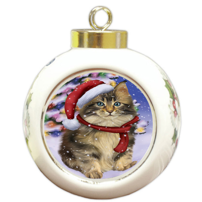 Winterland Wonderland Maine Coon Cat In Christmas Holiday Scenic Background Round Ball Christmas Ornament RBPOR53768