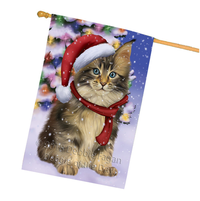 Winterland Wonderland Maine Coon Cat In Christmas Holiday Scenic Background House Flag FLG53966