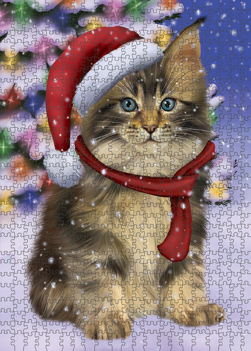 Winterland Wonderland Maine Coon Cat In Christmas Holiday Scenic Background Puzzle with Photo Tin PUZL82228