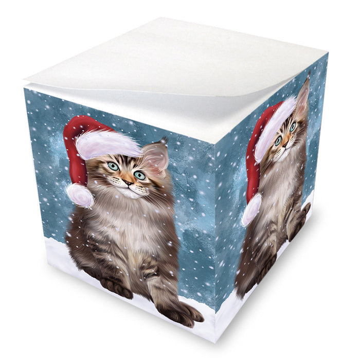 Let it Snow Christmas Holiday Maine Coon Cat Wearing Santa Hat Note Cube NOC55957