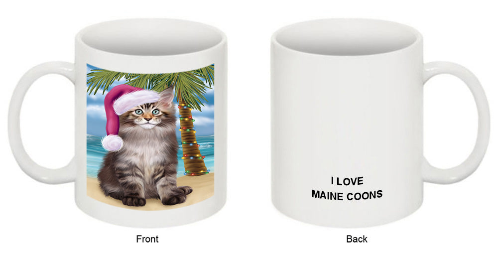 Summertime Happy Holidays Christmas Maine Coon Cat on Tropical Island Beach Coffee Mug MUG49840