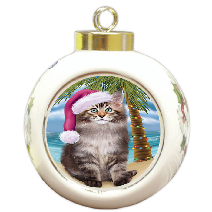 Summertime Happy Holidays Christmas Maine Coon Cat on Tropical Island Beach Round Ball Christmas Ornament RBPOR54570