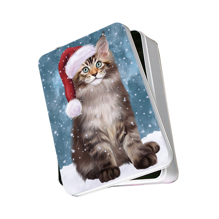 Let it Snow Christmas Holiday Maine Coon Cat Wearing Santa Hat Photo Storage Tin PITN54254