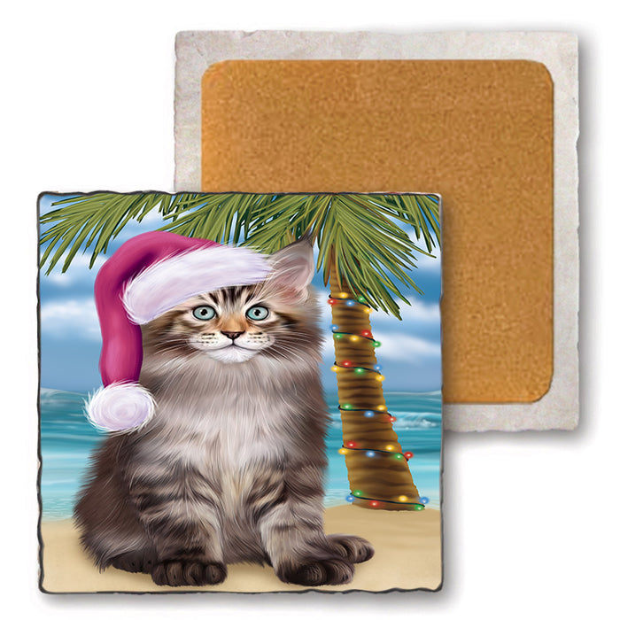 Summertime Happy Holidays Christmas Maine Coon Cat on Tropical Island Beach Set of 4 Natural Stone Marble Tile Coasters MCST49442