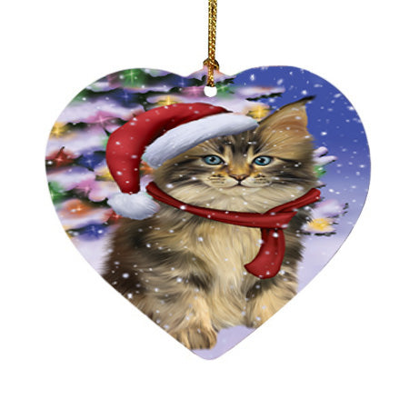 Winterland Wonderland Maine Coon Cat In Christmas Holiday Scenic Background Heart Christmas Ornament HPOR53768