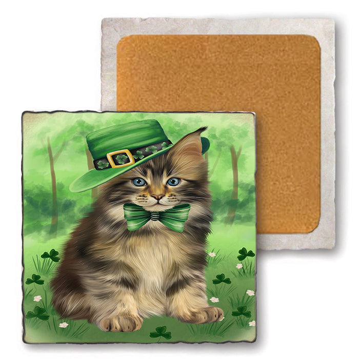 St. Patricks Day Irish Portrait Maine Coon Cat Set of 4 Natural Stone Marble Tile Coasters MCST52022