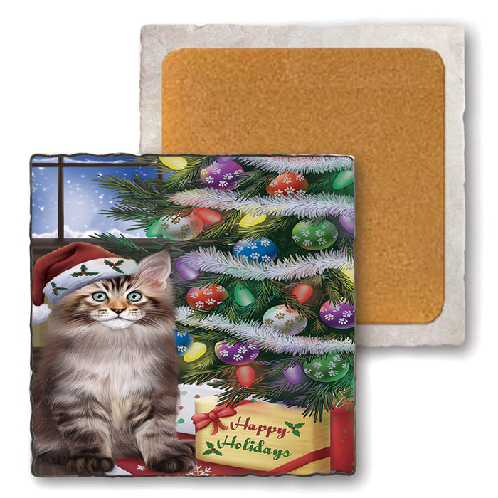 Christmas Happy Holidays Maine Coon Cat with Tree and Presents Set of 4 Natural Stone Marble Tile Coasters MCST48465