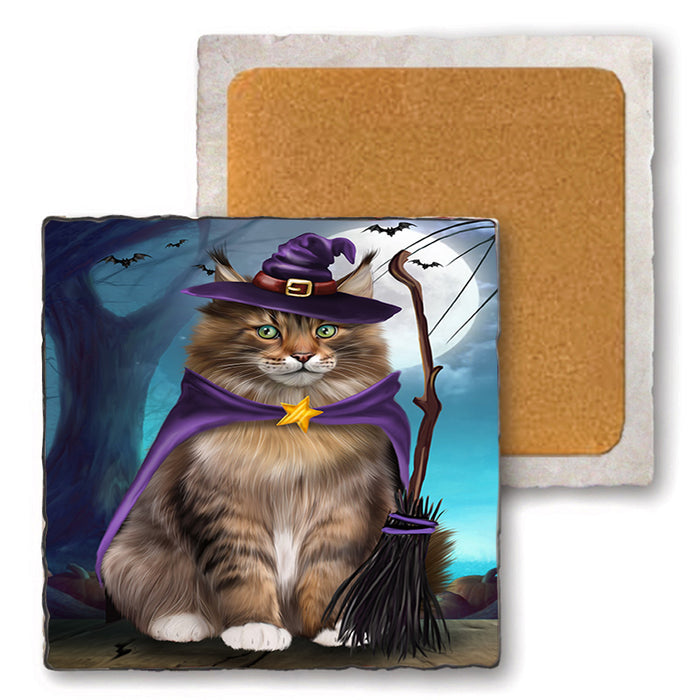 Happy Halloween Trick or Treat Maine Coon Cat Set of 4 Natural Stone Marble Tile Coasters MCST49507