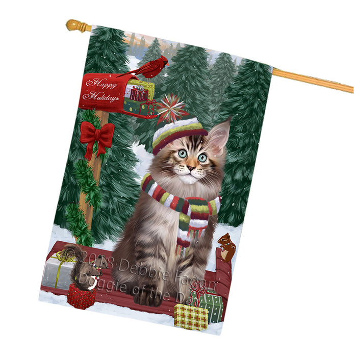 Merry Christmas Woodland Sled Maine Coon Cat House Flag FLG55400