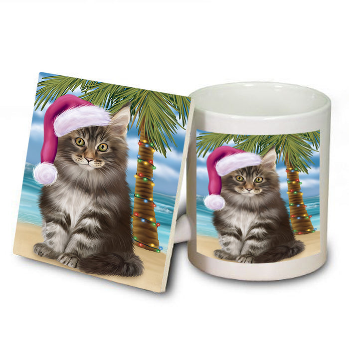 Summertime Happy Holidays Christmas Maine Coon Cat on Tropical Island Beach Mug and Coaster Set MUC54435