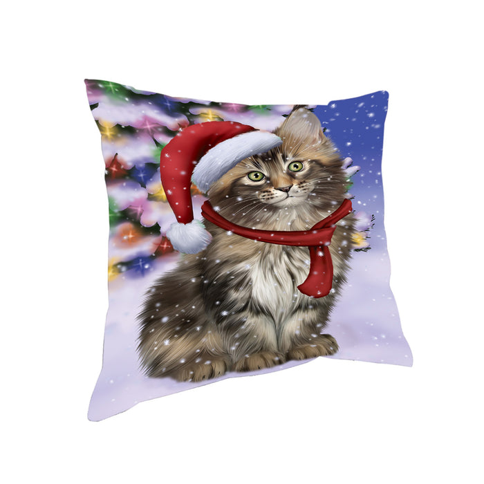 Winterland Wonderland Maine Coon Cat In Christmas Holiday Scenic Background Pillow PIL71700