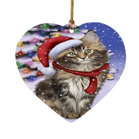 Winterland Wonderland Maine Coon Cat In Christmas Holiday Scenic Background Heart Christmas Ornament HPOR53769