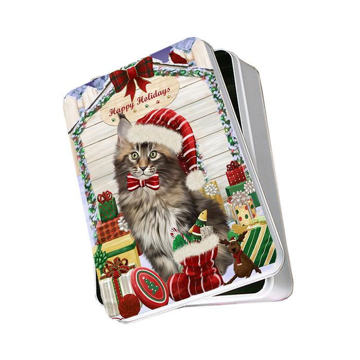 Happy Holidays Christmas Maine Coon Cat With Presents Photo Storage Tin PITN52677
