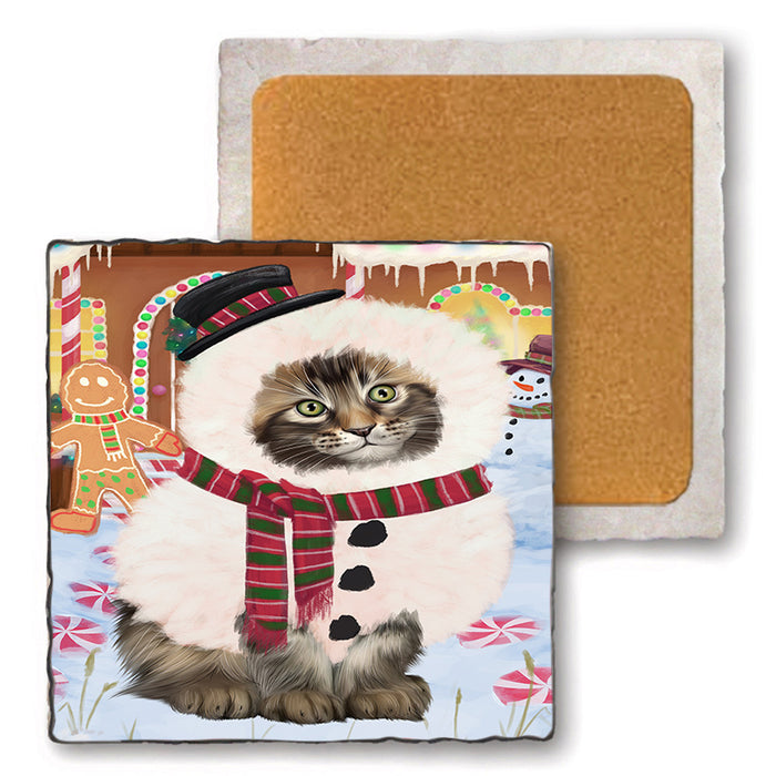 Christmas Gingerbread House Candyfest Maine Coon Cat Set of 4 Natural Stone Marble Tile Coasters MCST51449