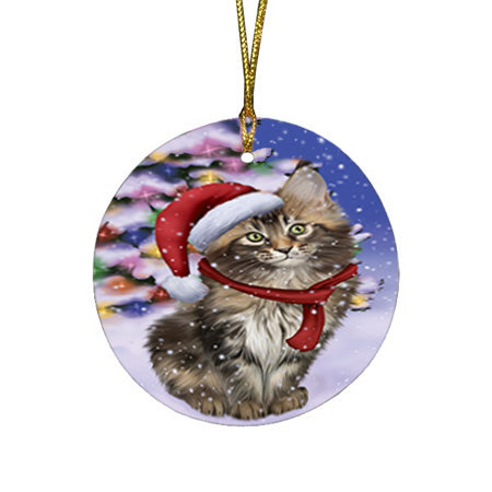 Winterland Wonderland Maine Coon Cat In Christmas Holiday Scenic Background Round Flat Christmas Ornament RFPOR53760