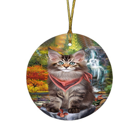 Scenic Waterfall Maine Coon Cat Round Flat Christmas Ornament RFPOR51908