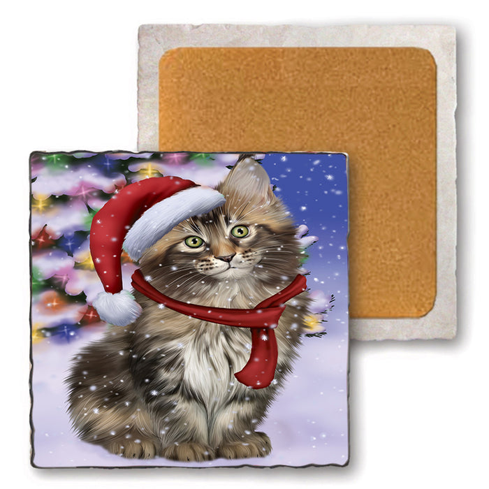 Winterland Wonderland Maine Coon Cat In Christmas Holiday Scenic Background Set of 4 Natural Stone Marble Tile Coasters MCST48769