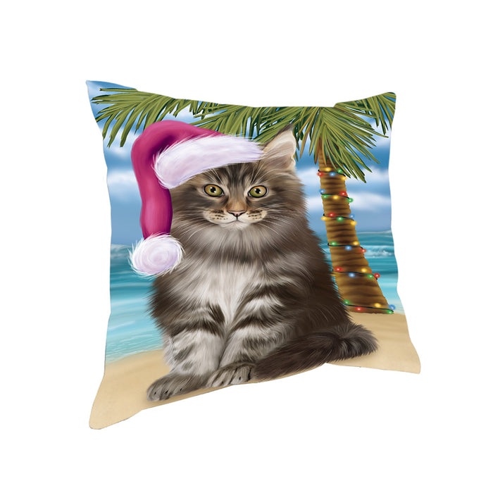Summertime Happy Holidays Christmas Maine Coon Cat on Tropical Island Beach Pillow PIL74908