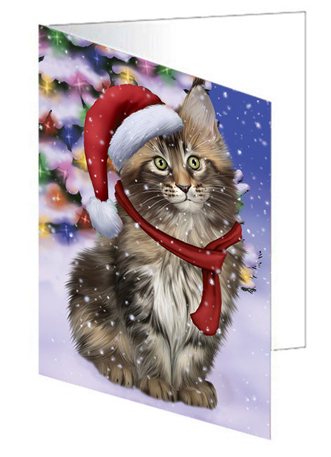 Winterland Wonderland Maine Coon Cat In Christmas Holiday Scenic Background Handmade Artwork Assorted Pets Greeting Cards and Note Cards with Envelopes for All Occasions and Holiday Seasons GCD65336