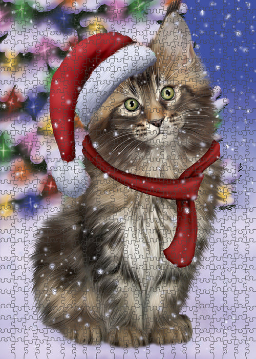 Winterland Wonderland Maine Coon Cat In Christmas Holiday Scenic Background Puzzle with Photo Tin PUZL82232