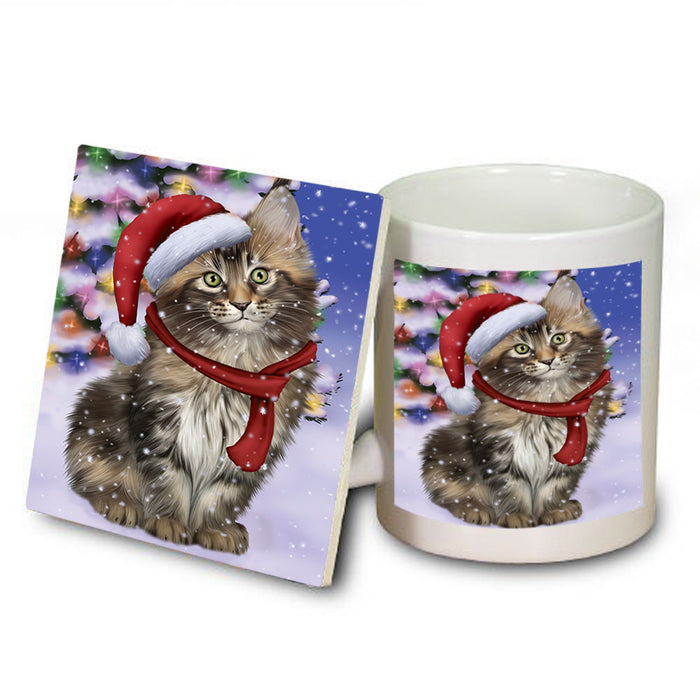 Winterland Wonderland Maine Coon Cat In Christmas Holiday Scenic Background Mug and Coaster Set MUC53761