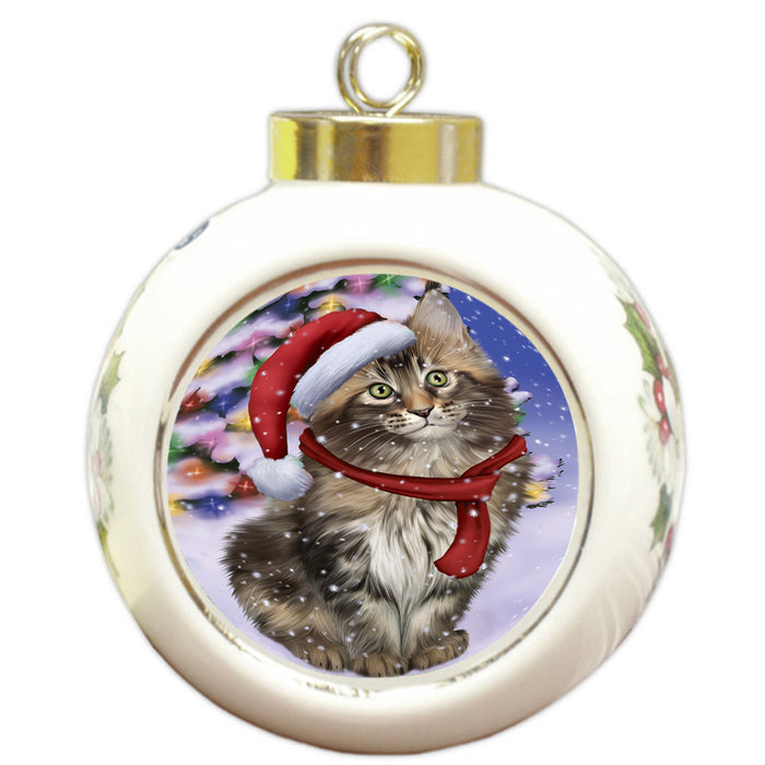 Winterland Wonderland Maine Coon Cat In Christmas Holiday Scenic Background Round Ball Christmas Ornament RBPOR53769