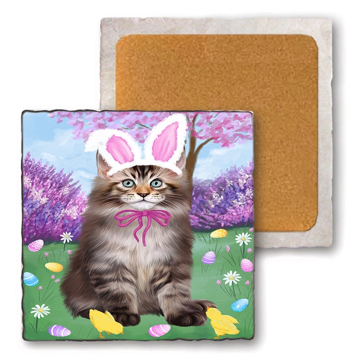 Easter Holiday Maine Coon Cat Set of 4 Natural Stone Marble Tile Coasters MCST51919