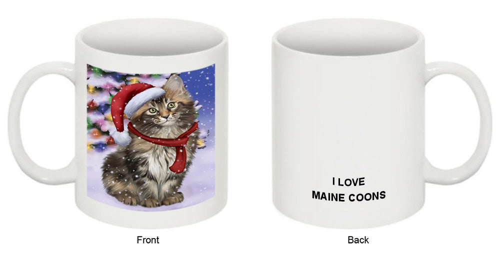 Winterland Wonderland Maine Coon Cat In Christmas Holiday Scenic Background Coffee Mug MUG49167