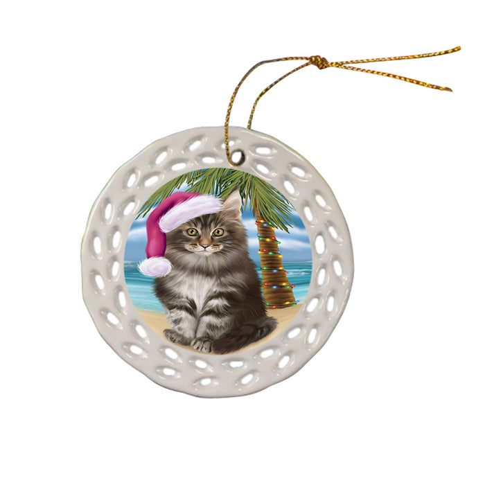 Summertime Happy Holidays Christmas Maine Coon Cat on Tropical Island Beach Ceramic Doily Ornament DPOR54571