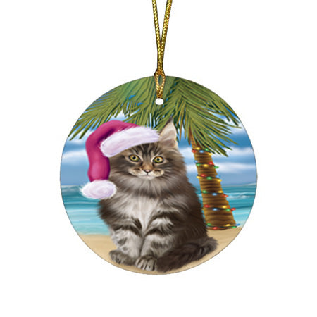 Summertime Happy Holidays Christmas Maine Coon Cat on Tropical Island Beach Round Flat Christmas Ornament RFPOR54562