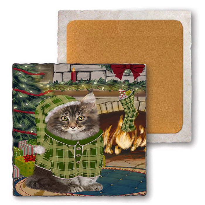 The Stocking was Hung Maine Coon Cat Set of 4 Natural Stone Marble Tile Coasters MCST50359