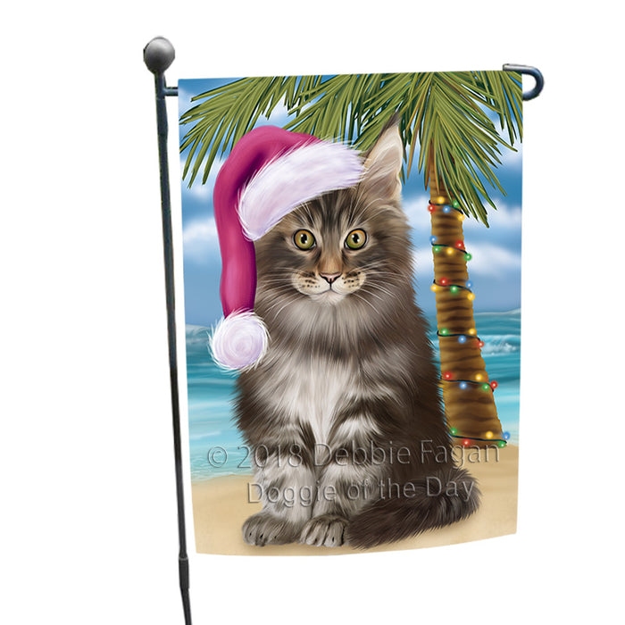 Summertime Happy Holidays Christmas Maine Coon Cat on Tropical Island Beach Garden Flag GFLG54633