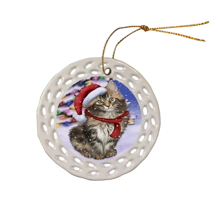 Winterland Wonderland Maine Coon Cat In Christmas Holiday Scenic Background Ceramic Doily Ornament DPOR53769