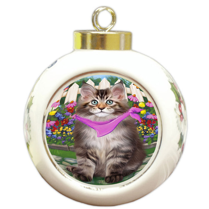 Spring Floral Maine Coon Cat Round Ball Christmas Ornament RBPOR52270