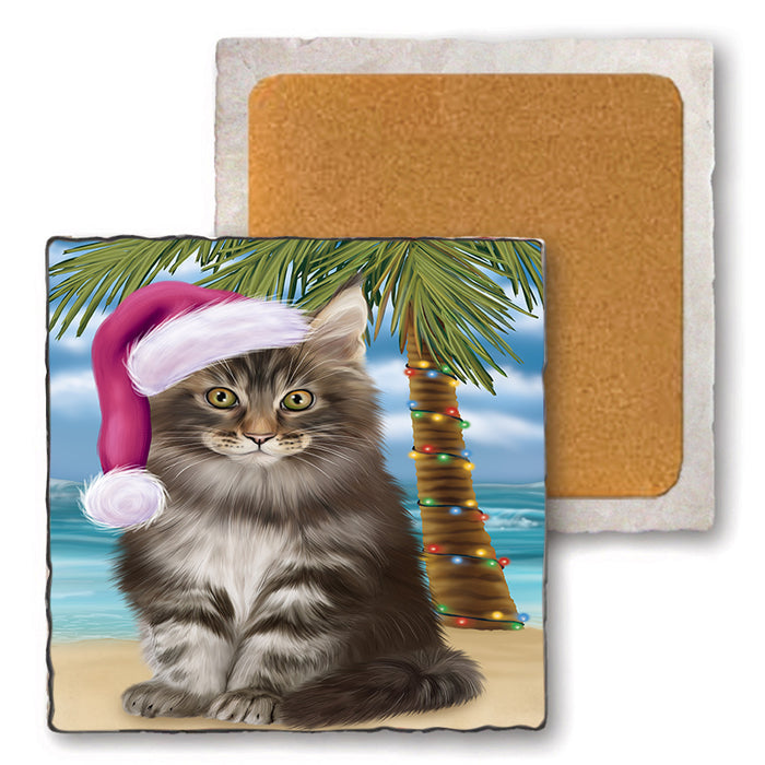 Summertime Happy Holidays Christmas Maine Coon Cat on Tropical Island Beach Set of 4 Natural Stone Marble Tile Coasters MCST49443