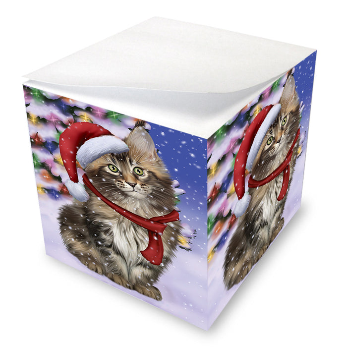 Winterland Wonderland Maine Coon Cat In Christmas Holiday Scenic Background Note Cube NOC55415