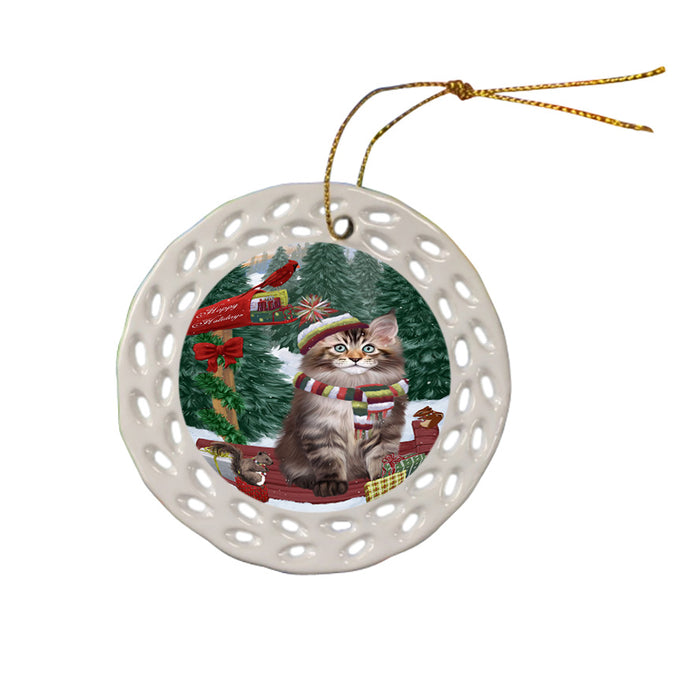 Merry Christmas Woodland Sled Maine Coon Cat Ceramic Doily Ornament DPOR55327
